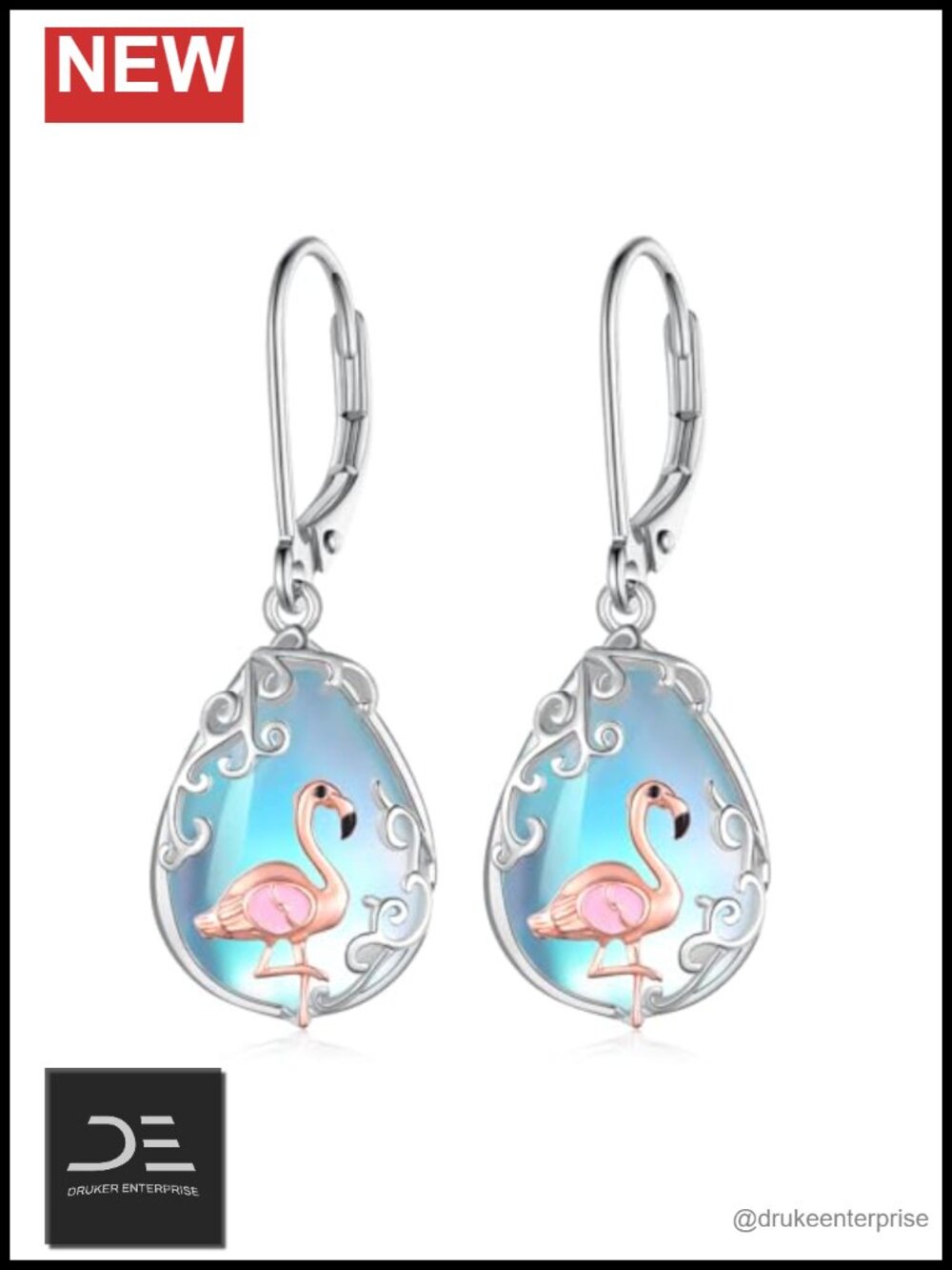 Sterling Silver Flamingo Dangle Earrings Moonstone Jewelry